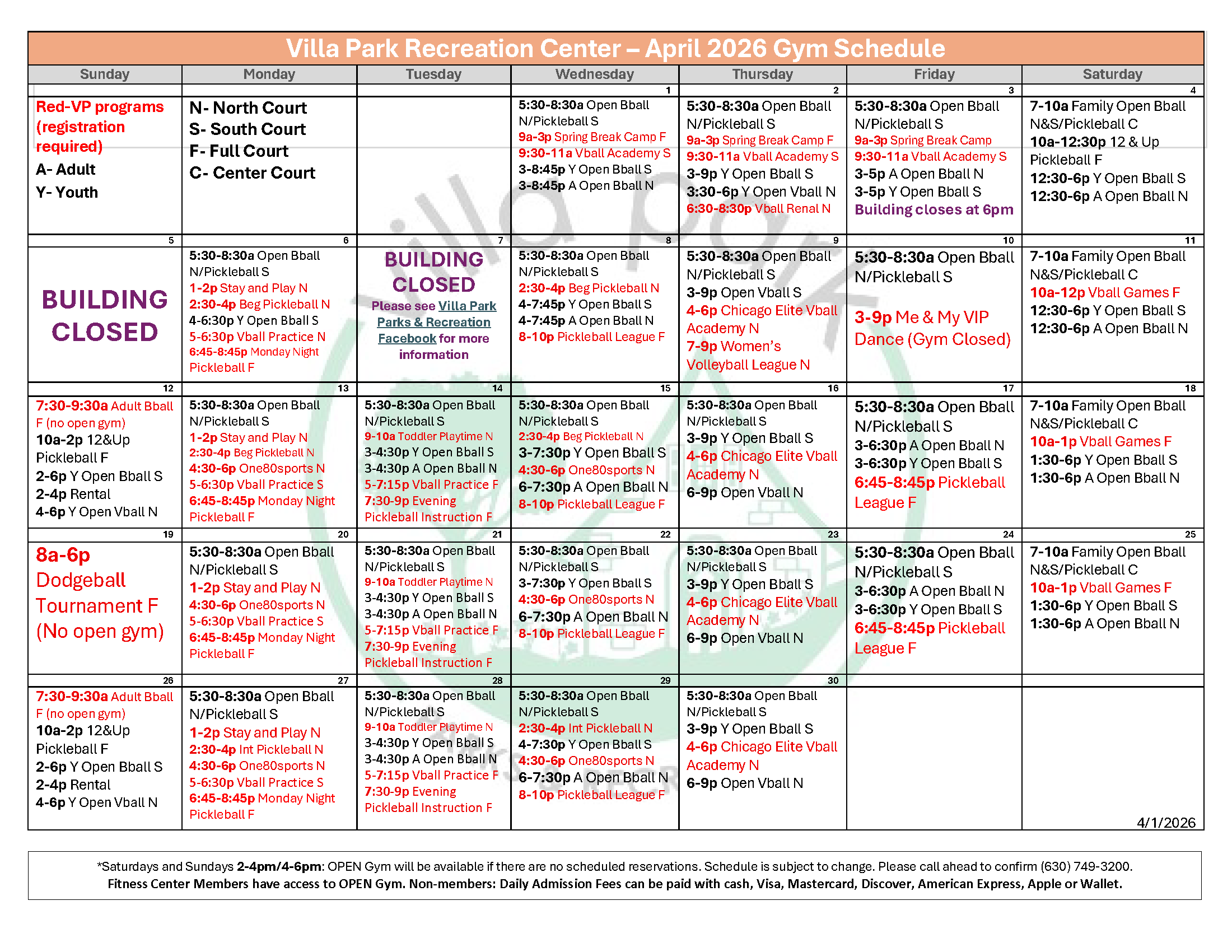 Gym Schedule April 2026