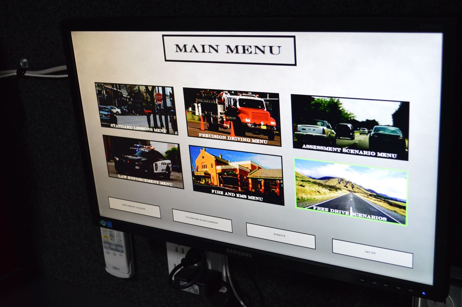 The simulator allows for a variety of training scenarios including weather conditions like rain and ice as well as hazards posed by other drivers.